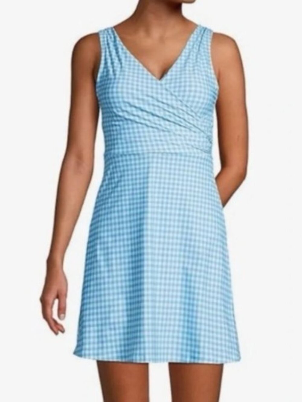Land’s End Brand Women's size 10 D Surplice Swim Dress Blue Gingham Swimsuit
